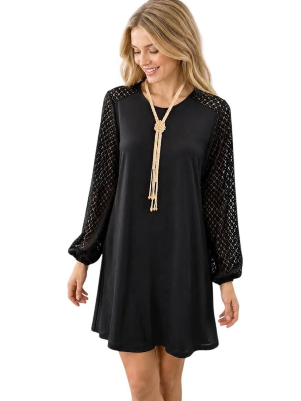 Michael Kors Black Crochet Lace Sleeve Shift Dress Womens Size M Cocktail Casual